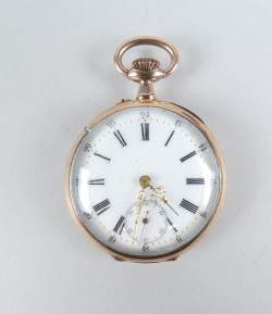 Bijou: Montre de gousset cuvette extérieure en métal rose (or 8k?) mouvement à r