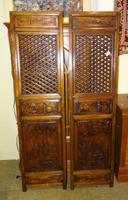 Asiatique 2 panneaux Chinois en bois sculpté ajouré (180x47cm)X2 19èS Asiatique 2 panneaux Chinois en bois sculpté ajouré (180x47cm)X2 19èS