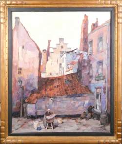 Tableau HST -Lavandière et joueurs de billes- signé DUMOULIN Roméo