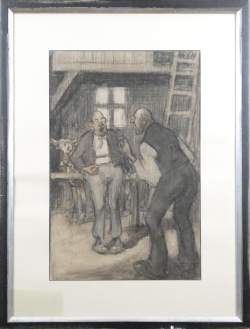 Tableau: dessin sur papier (pt déchirure) -2 hommes- signé au dos BAUER Marius