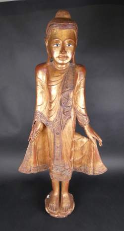 Asiatique: Sculpture Bouddha en bois doré BIRMANIE (fissure importante pans de r