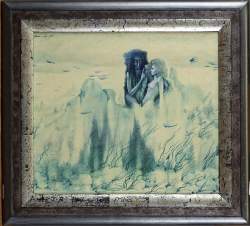 Tableau technique mixte sur panneau -Conseiller des Récits- daté 1976 signé HUSS