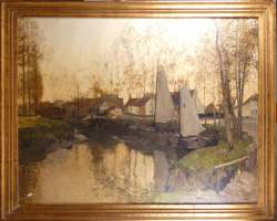 Tableau HST - Cours d'eau de village - signé APOL Armand