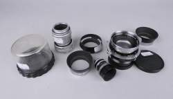 Objet : accessoires pour appareil photographique (7pcs) dont : Objectif Schneider Kreuznach Symmar 1 : 5.6/210 + objectif Leitz (ds l'état).