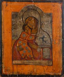 Objet : Icône sur panneau polychrome (rayures , lacunes) - Vierge à l'enfant - 19eS probablement Russe