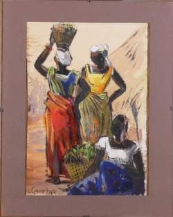 Tableau dessin technique mixte - Scène de village en Afrique - daté 1954 signé GAUQUIE Charles