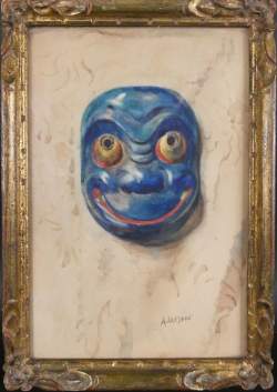 Tableau : dessin aquarelle - Masque Japonais - signé CRESPIN Adolphe