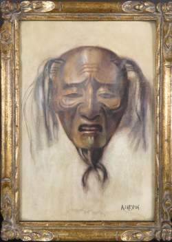 Tableau : dessin aquarelle - Masque Japonais - signé CRESPIN Adolphe