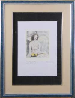 Estampe : Eau - forte couleur rehaussée à l'aquarelle - Jeune Fille à la Guitare - d'après LAURENCIN Marie