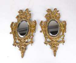 Meuble : Paire de miroirs aux angelots en bronze et verre biseauté 30x17cm