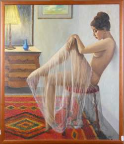 Tableau HSP - femme nue avec voile - 1963 école française signé P.J Christophe 69x59cm cadre moderne