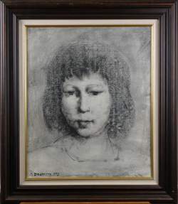 Tableau Lavis s/papier -Portrait de jeune fille- daté 1957 signé DELMOTTE Marcel