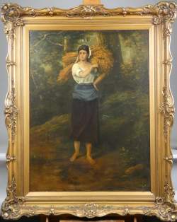 Tableau HST (rest) -Jeune femme aux fagots- trace de signature fin19eS 80x60cm c