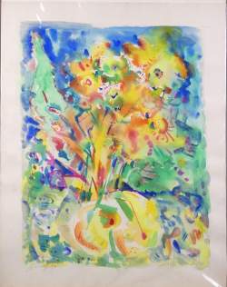 Tableau: technique mixte aquarelle/crayon -composition florale- daté et signé HE