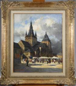 Tableau HST -Collégiale de Soignies marché animé- signé VAN GELDEREN Simon