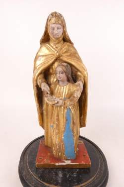 Religieux : Sculpture en bois polychrome - Sainte Anne et la Vierge Marie - 18eS sous globe