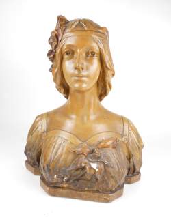 Sculpture : Buste en terre cuite (pt acc) signé BEER A. - jeune femme à la fleur de lys -