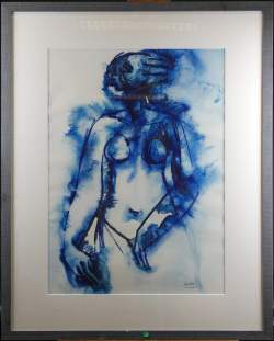 Tableau: aquarelle -Femme bleue nue- daté 72 signé LUESA Kamba