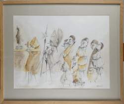 Tableau : technique mixte sur papier - Le Suisse ou la procession - signé HECQ daté LXXXXV