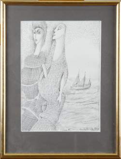 Tableau : dessin à l'encre/crayon - Une idylle à la plage - daté 80 signé SIMON Armand