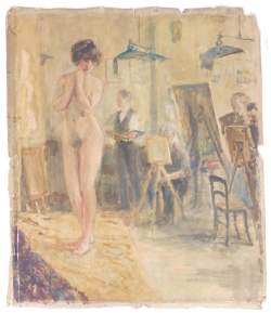 Tableau : technique mixte sur papier (déchirures) - L'atelier de l'artiste à la femme nue - attribué à VANDER POORTEN Valery