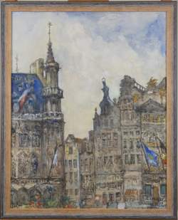 Tableau : aquarelle/gouache - Grand place Bruxelles - signé CLAROT René