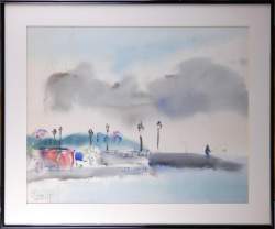 Tableau : dessin aquarelle (taches) - Paysage - daté 66 signé PAPASSAVAS Stavros