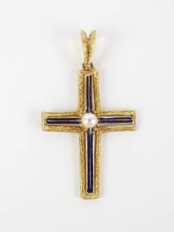 Bijou : Pendentif - Croix - en or jaune 18K et émail bleu serti d'une perle de culture