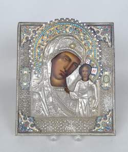 Tableau Icône Russe (écl) -Vierge à l'enfant- rizza métal argenté et cuivre émau