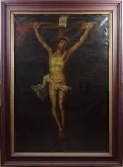 Tableau HST doublée - Christ en croix - (rest) anonyme 17eS anversois
