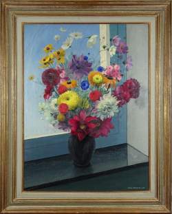 Tableau HSP - Vase de fleurs - 1952 signé DEPOOTER Frans
