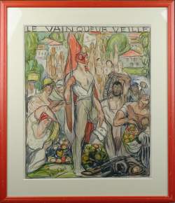Tableau : dessin fusain - aquarelle - Le vainqueur veille - signé ALLARD L'OLIVIER Fernand