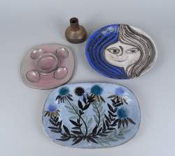 Céramique de DOUR (4) : plats et 1 vase 10cm signé LAMBERT Célia Claire , 1 plat apéritif non signé