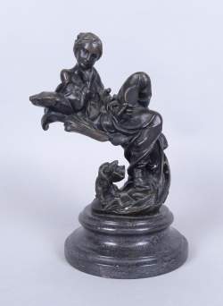 Sculpture: bronze -Jeune femme au miroir et son chien- A7582 cachet de fondeur J