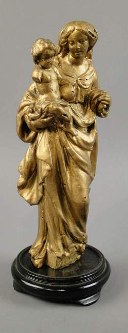 Sculpture en bois doré -Vierge à l'enfant- anonyme 18eS H:26cm sur socle de bois