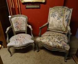 Meuble: fauteuil tapisserie main (2): de style régence polychromé 19eS et cabrio